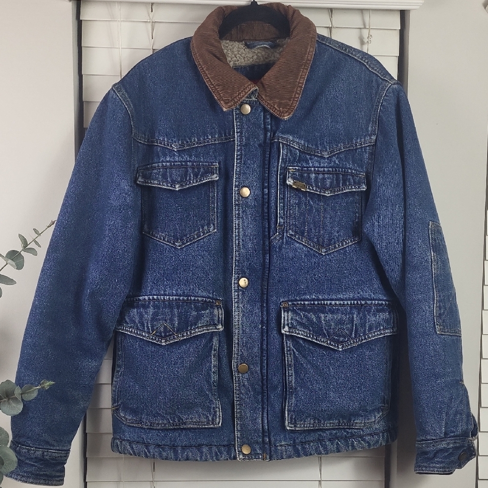 VINTAGE WRANGLER SHERPA LINEN DENIM JACKET WITH CORDUROY COLLAR MENS. Size M